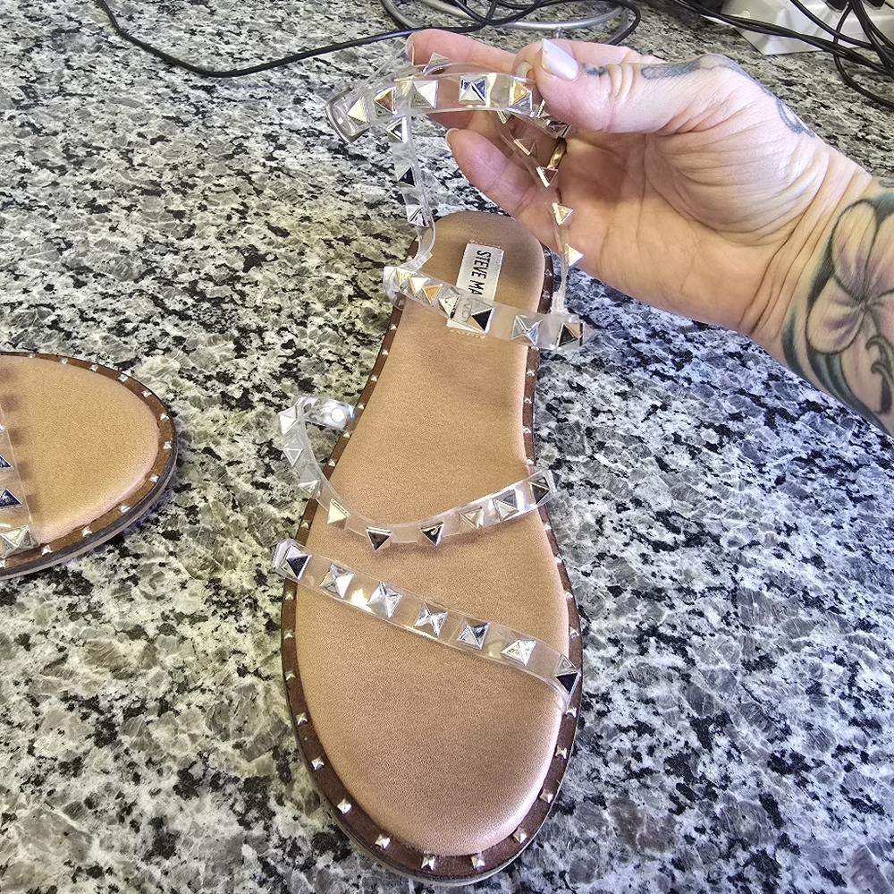 Steve Madden Travel sandal. Clear, studded, strappy sandal. Classy sandal